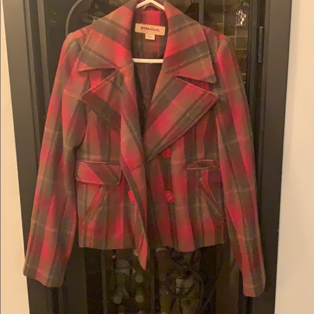 A plaid pea coat